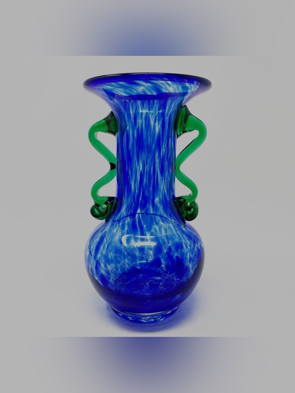 Vintage Murano Style Handblown Speckled Blue Vase with Green Wavy Handles 8"